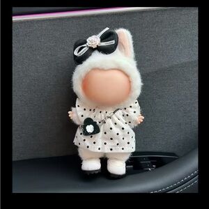 Adorable Labubu in White Polka Dot Dress - with a Bow and a Camera